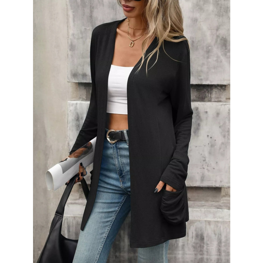 Ruched Pocket Open Front Cardigan Black / S Apparel and Accessories
