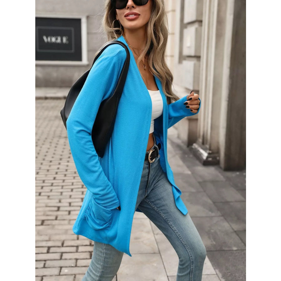 Ruched Pocket Open Front Cardigan Blue / S Apparel and Accessories