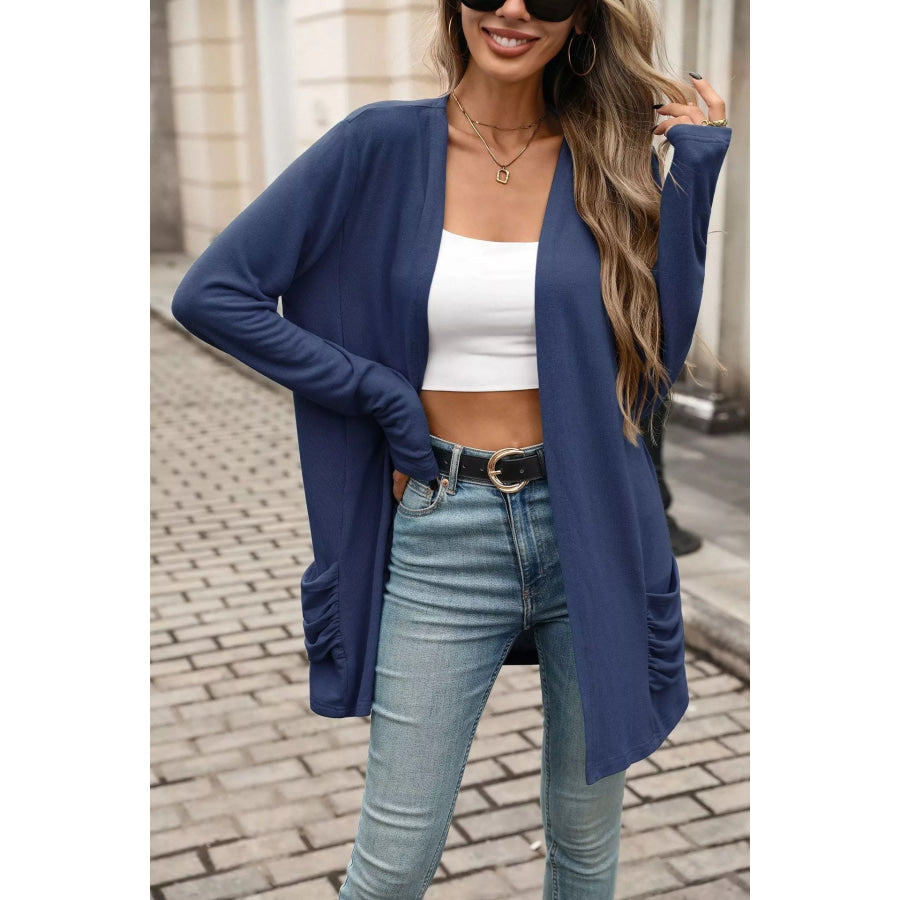 Ruched Pocket Open Front Cardigan Navy / S Apparel and Accessories