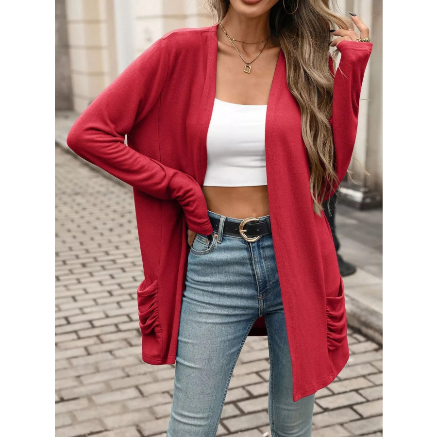 Ruched Pocket Open Front Cardigan Red / S Apparel and Accessories