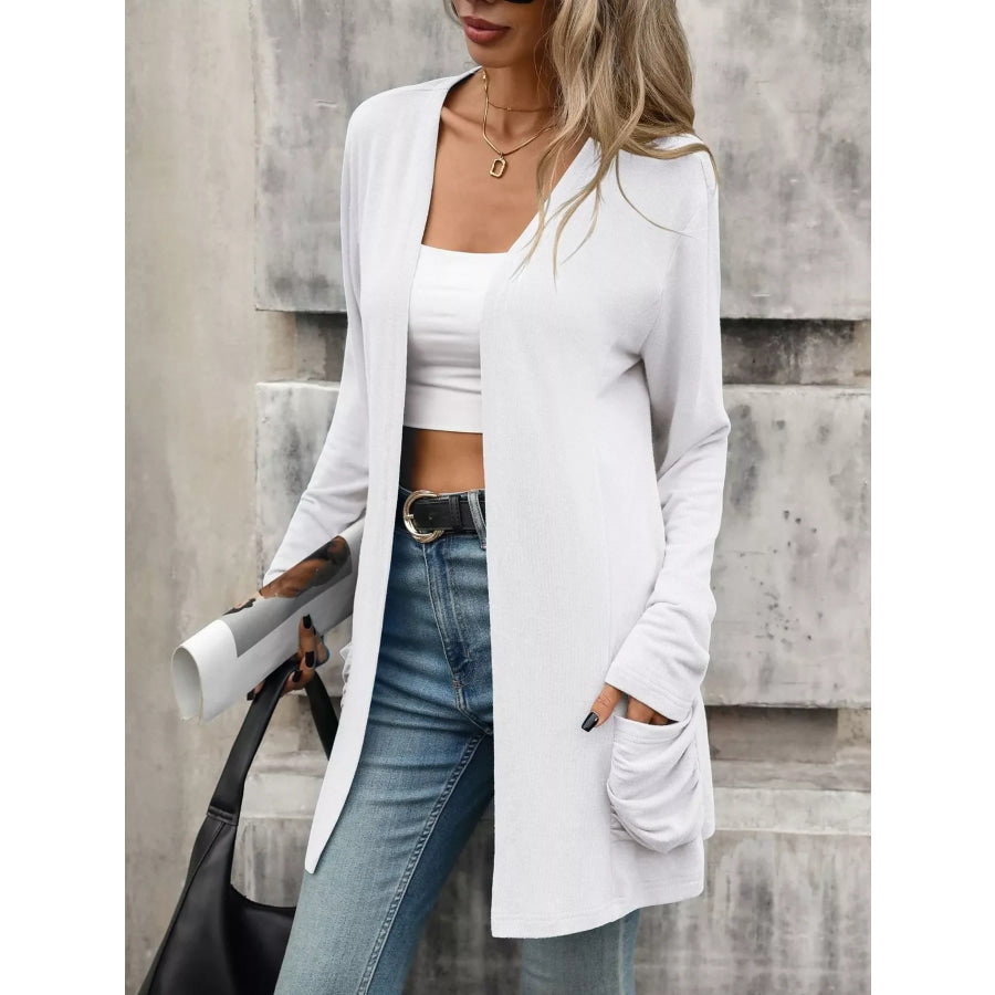 Ruched Pocket Open Front Cardigan White / S Apparel and Accessories