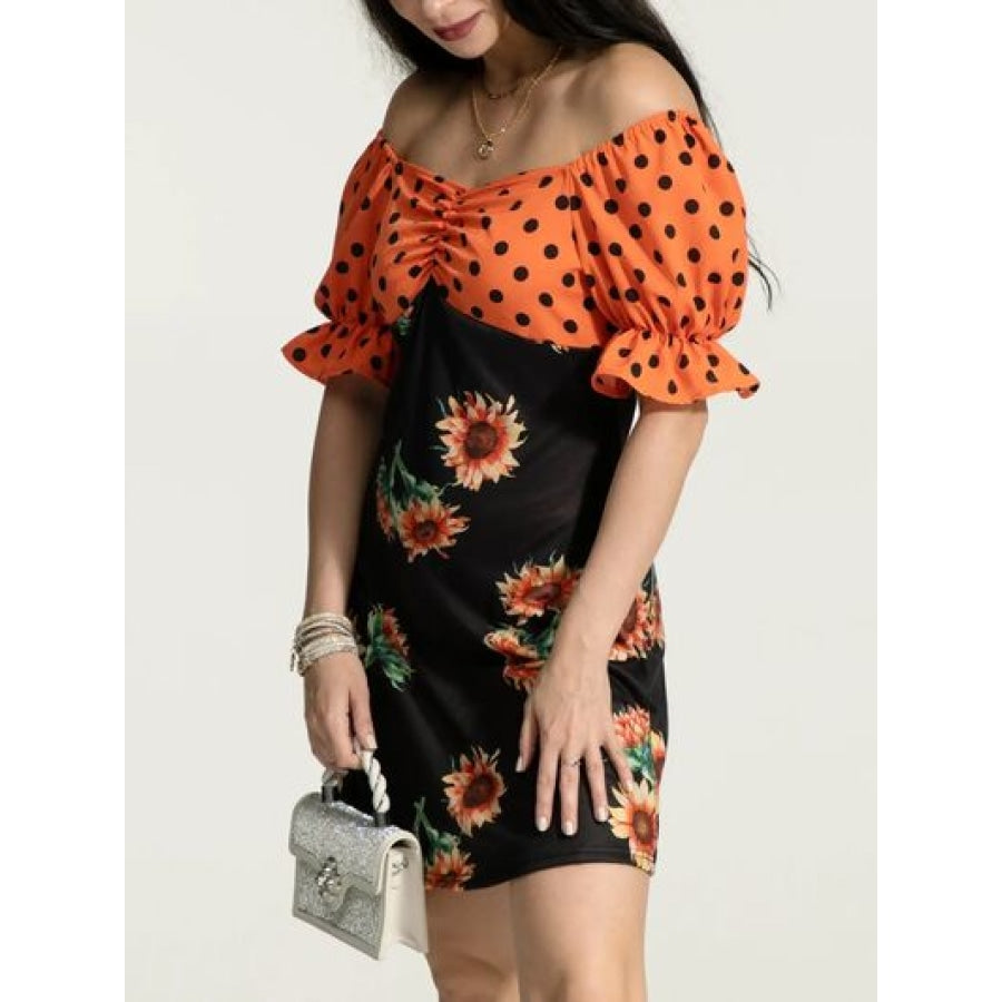 Ruched Polka Dot Flounce Sleeve Dress Apparel and Accessories