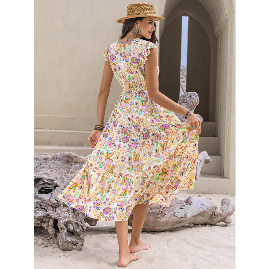 Ruched Printed Cap Sleeve Midi Dress Pastel Yellow / S Apparel and Accessories