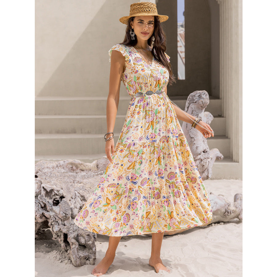 Ruched Printed Cap Sleeve Midi Dress Pastel Yellow / S Apparel and Accessories