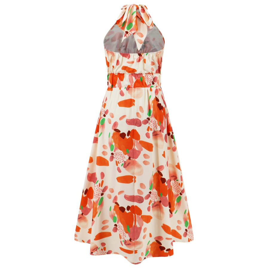 Ruched Printed Halter Neck Sleeveless Dress Apparel and Accessories