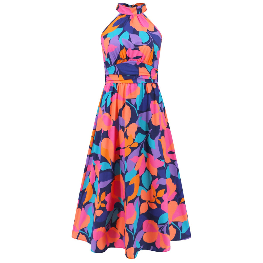 Ruched Printed Halter Neck Sleeveless Dress Apparel and Accessories