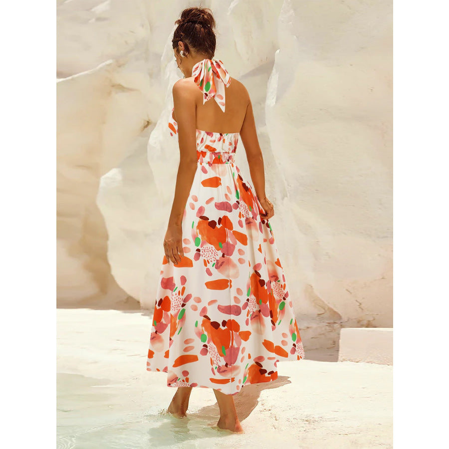 Ruched Printed Halter Neck Sleeveless Dress Coral / S Apparel and Accessories