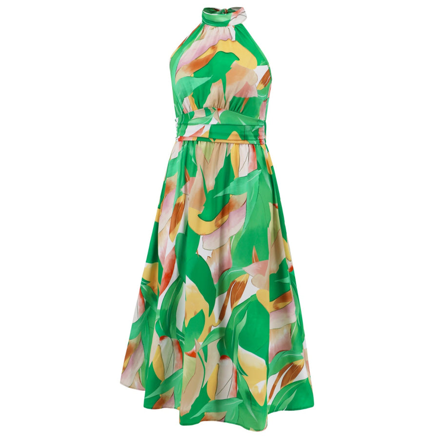 Ruched Printed Halter Neck Sleeveless Dress Apparel and Accessories