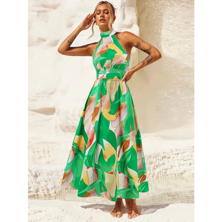 Ruched Printed Halter Neck Sleeveless Dress Green / S Apparel and Accessories