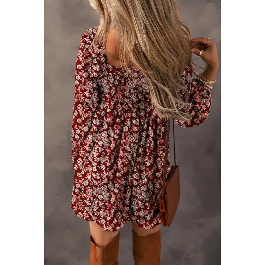 Ruched Printed Long Sleeve Mini Dress Apparel and Accessories