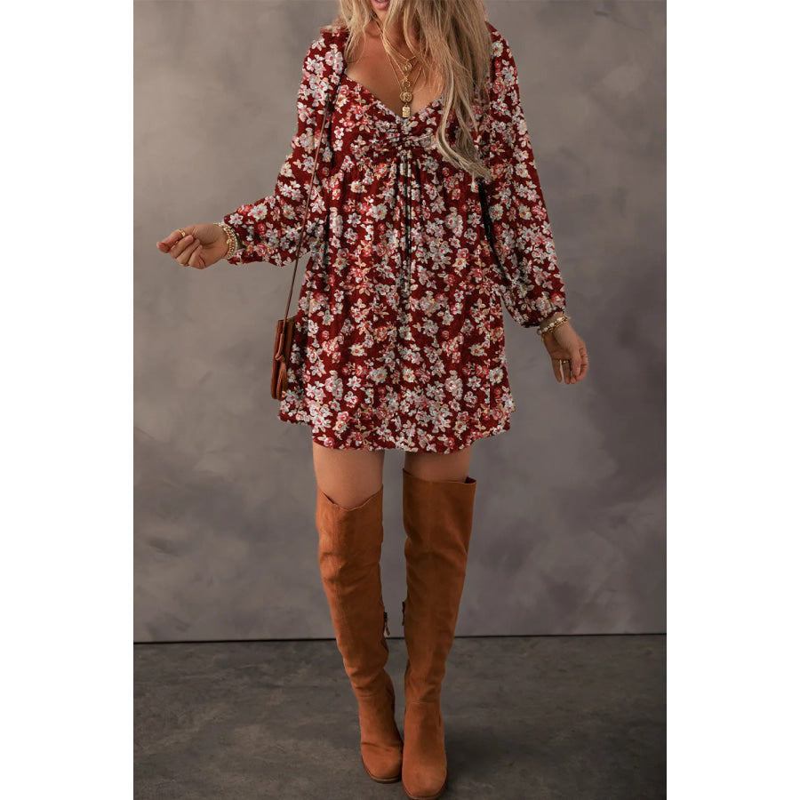 Ruched Printed Long Sleeve Mini Dress Apparel and Accessories