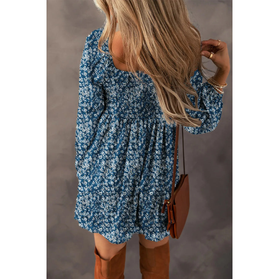 Ruched Printed Long Sleeve Mini Dress Peacock Blue / S Apparel and Accessories