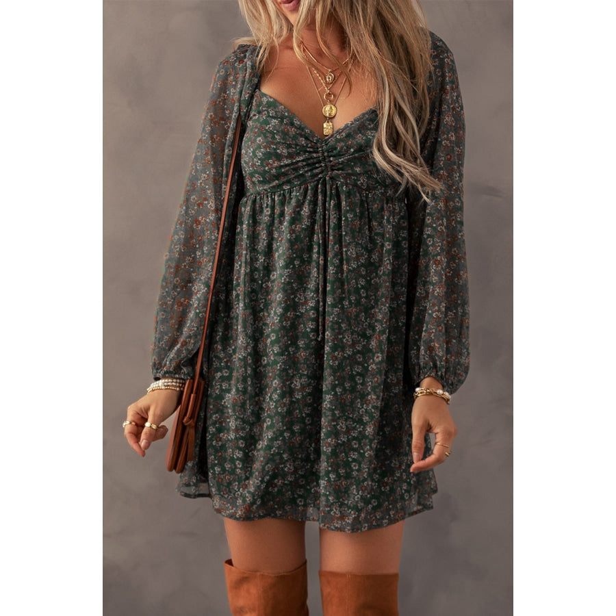 Ruched Printed Long Sleeve Mini Dress Black Forest / S Apparel and Accessories