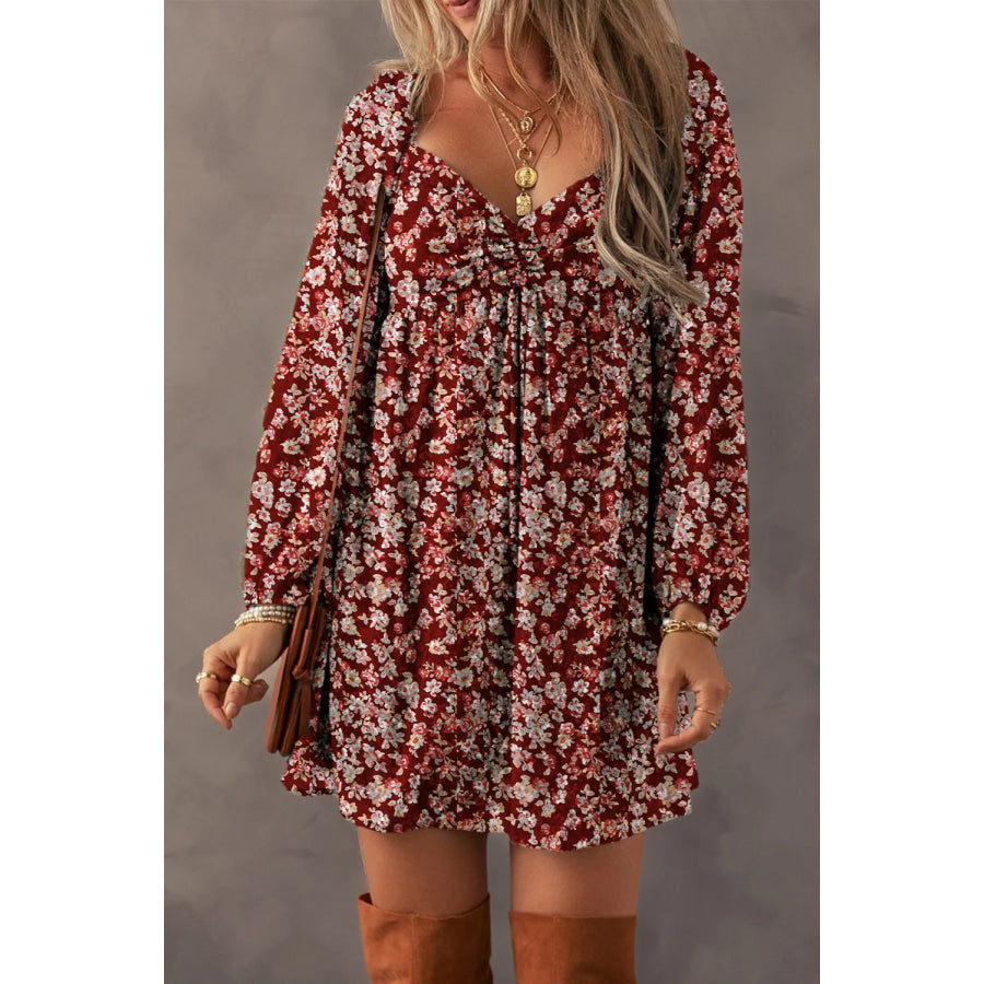 Ruched Printed Long Sleeve Mini Dress Burgundy / S Apparel and Accessories