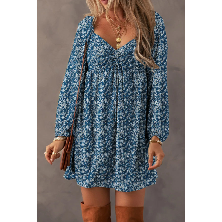 Ruched Printed Long Sleeve Mini Dress Peacock Blue / S Apparel and Accessories