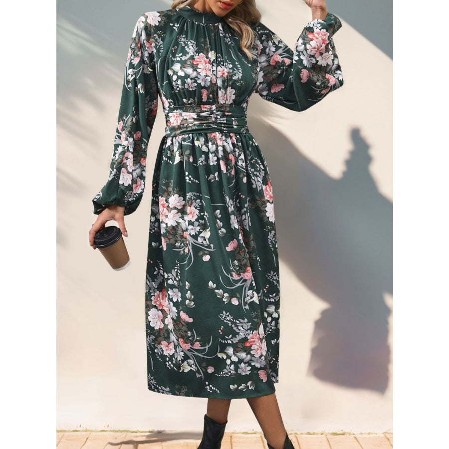 Ruched Printed Mock Neck Long Sleeve Midi Dress Black Forest / S Apparel and Accessories