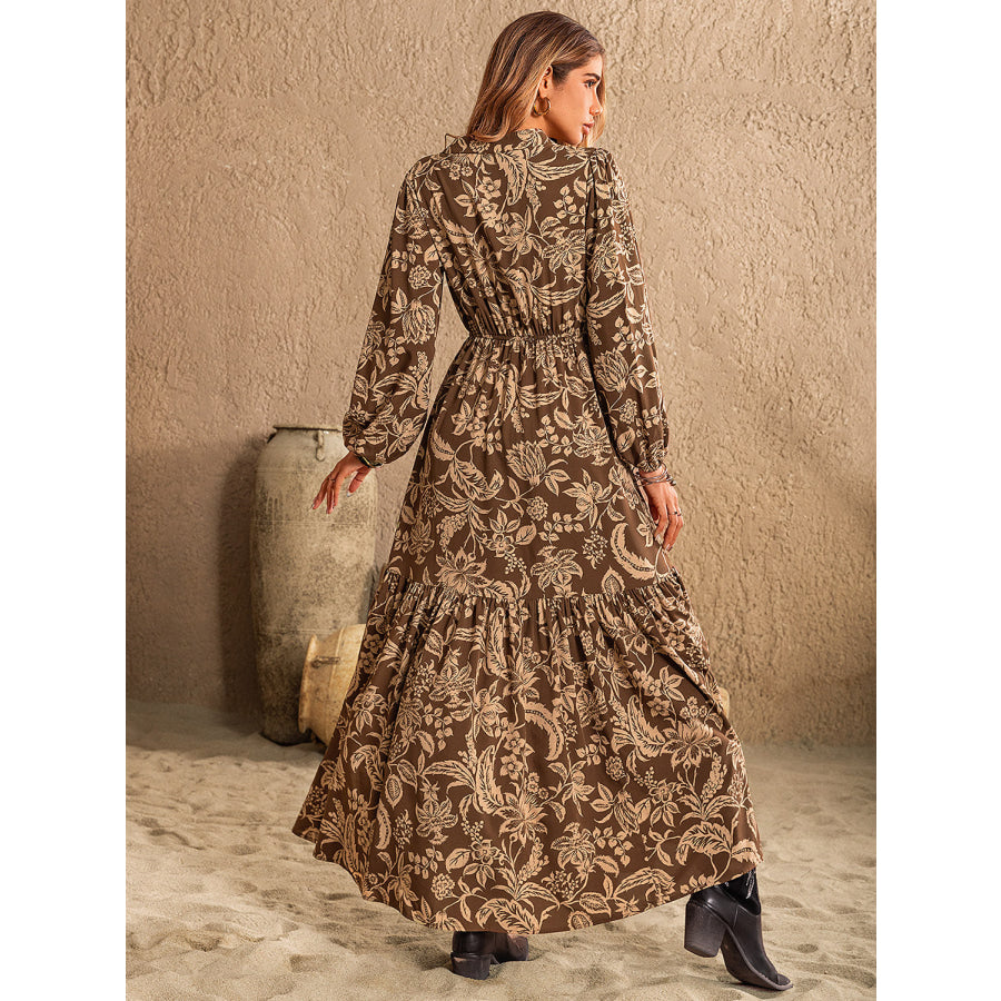 Ruched Printed Notched Long Sleeve Maxi Dress Apparel and Accessories