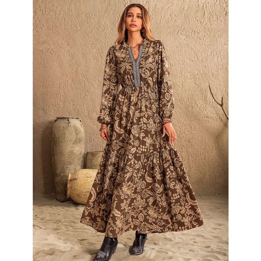 Ruched Printed Notched Long Sleeve Maxi Dress Apparel and Accessories