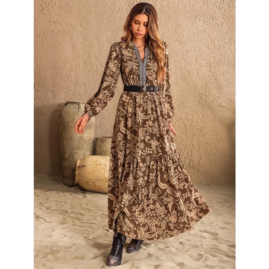 Ruched Printed Notched Long Sleeve Maxi Dress Apparel and Accessories