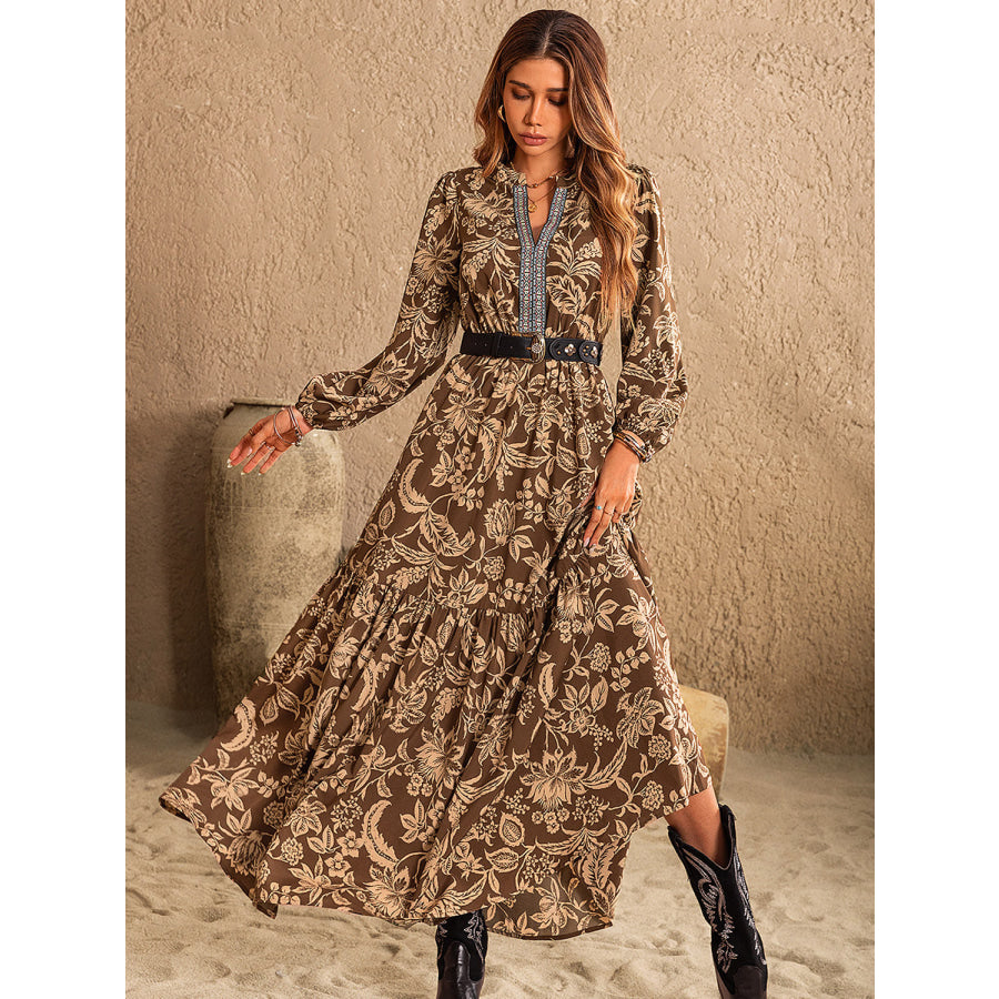 Ruched Printed Notched Long Sleeve Maxi Dress Taupe / S Apparel and Accessories