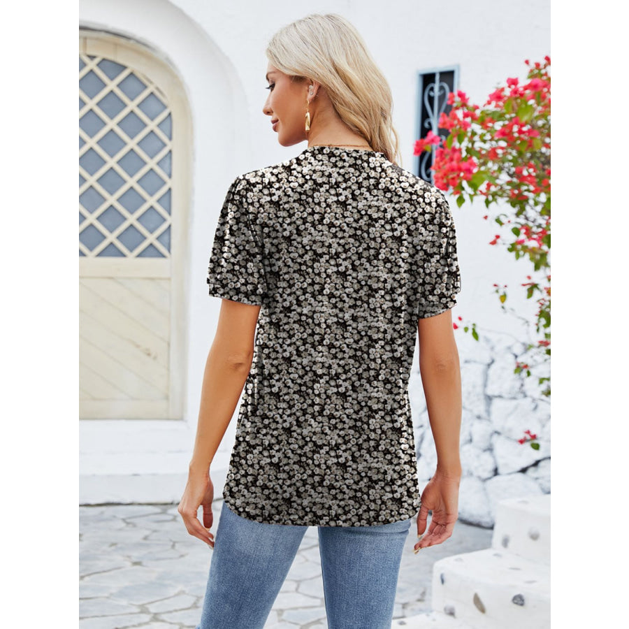 Ruched Printed Notched Short Sleeve Blouse Apparel and Accessories