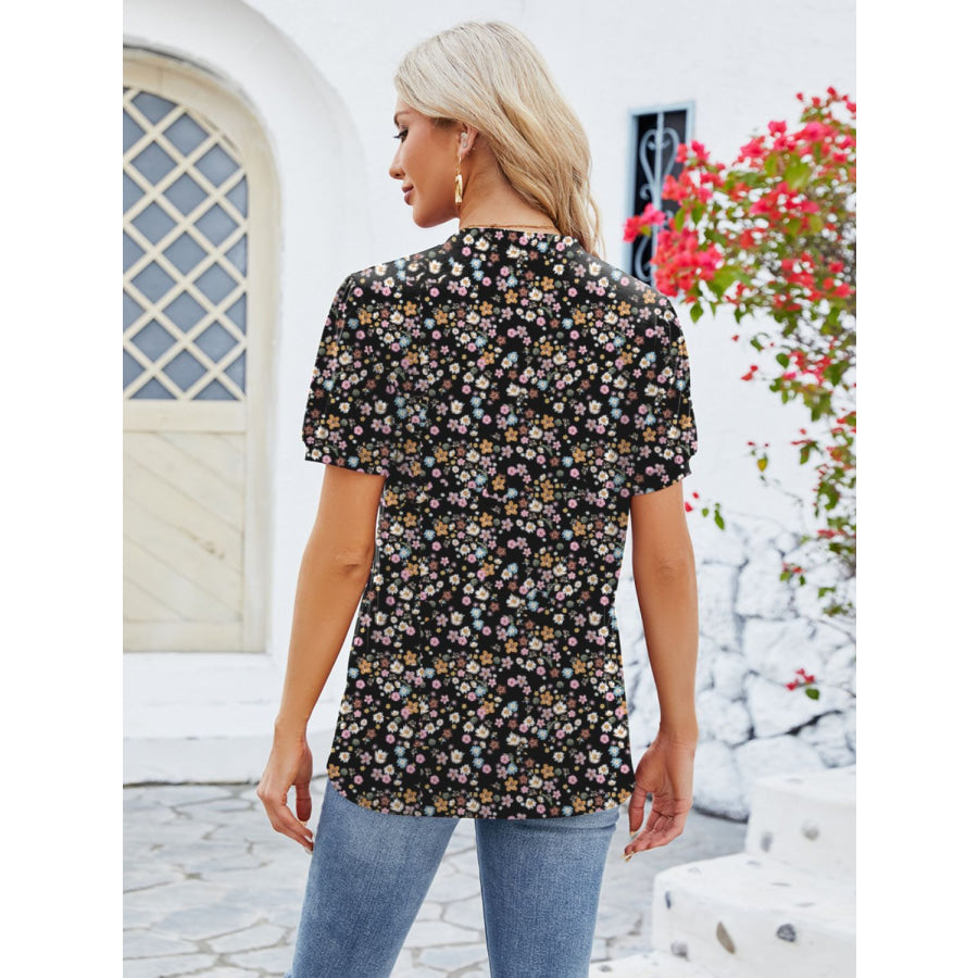 Ruched Printed Notched Short Sleeve Blouse Apparel and Accessories