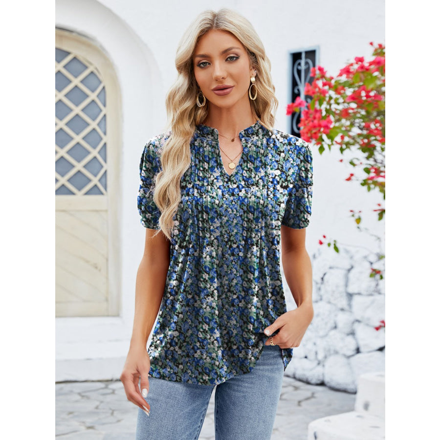 Ruched Printed Notched Short Sleeve Blouse Apparel and Accessories