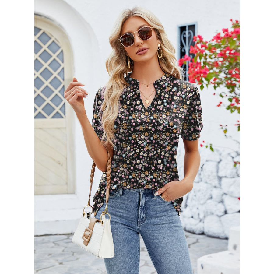 Ruched Printed Notched Short Sleeve Blouse Apparel and Accessories