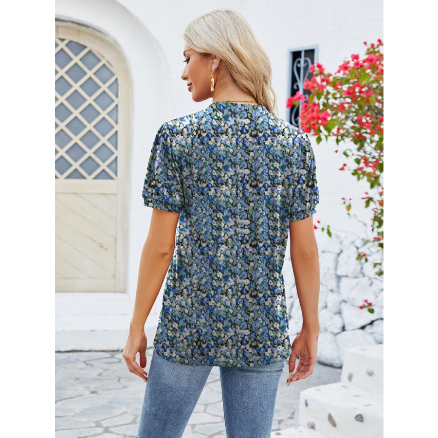 Ruched Printed Notched Short Sleeve Blouse Apparel and Accessories