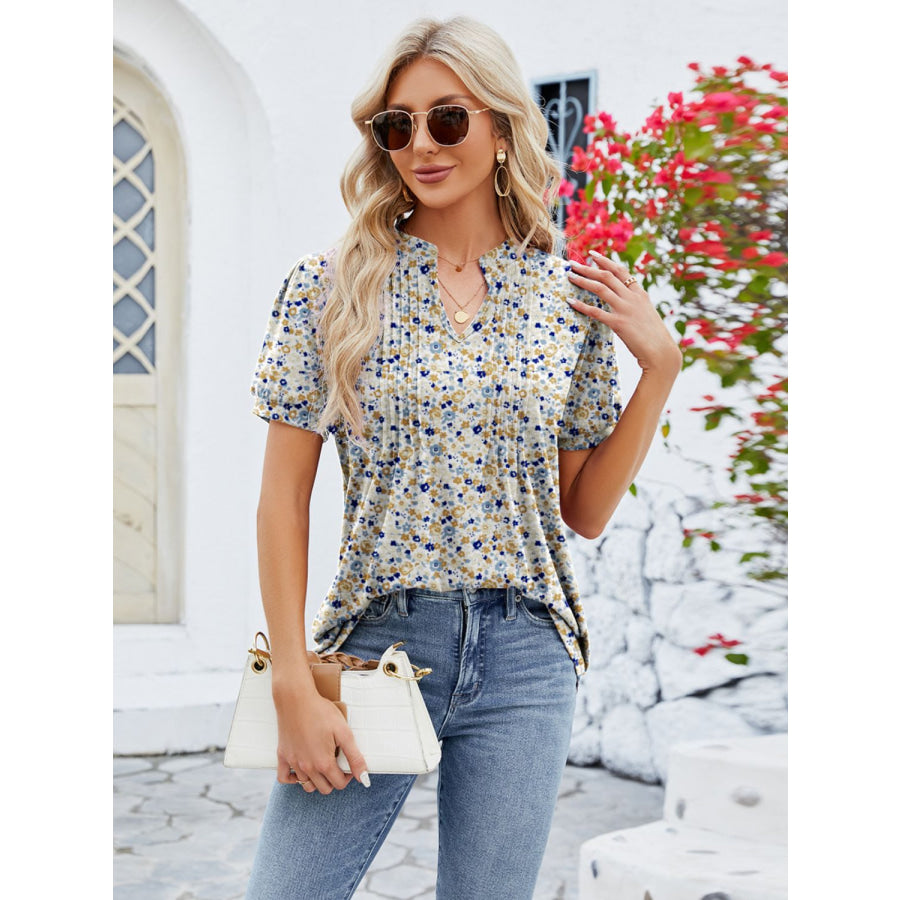 Ruched Printed Notched Short Sleeve Blouse Apparel and Accessories