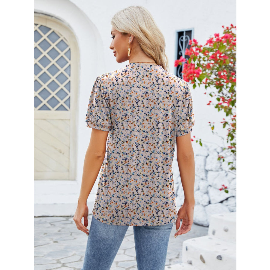 Ruched Printed Notched Short Sleeve Blouse Apparel and Accessories