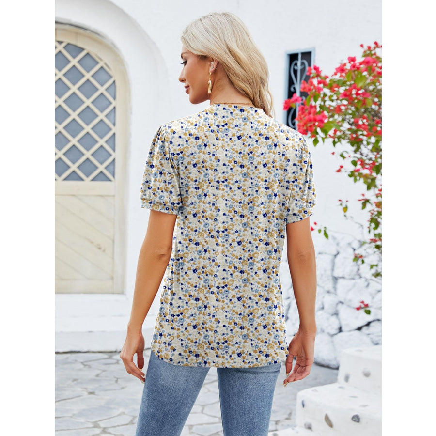 Ruched Printed Notched Short Sleeve Blouse Apparel and Accessories