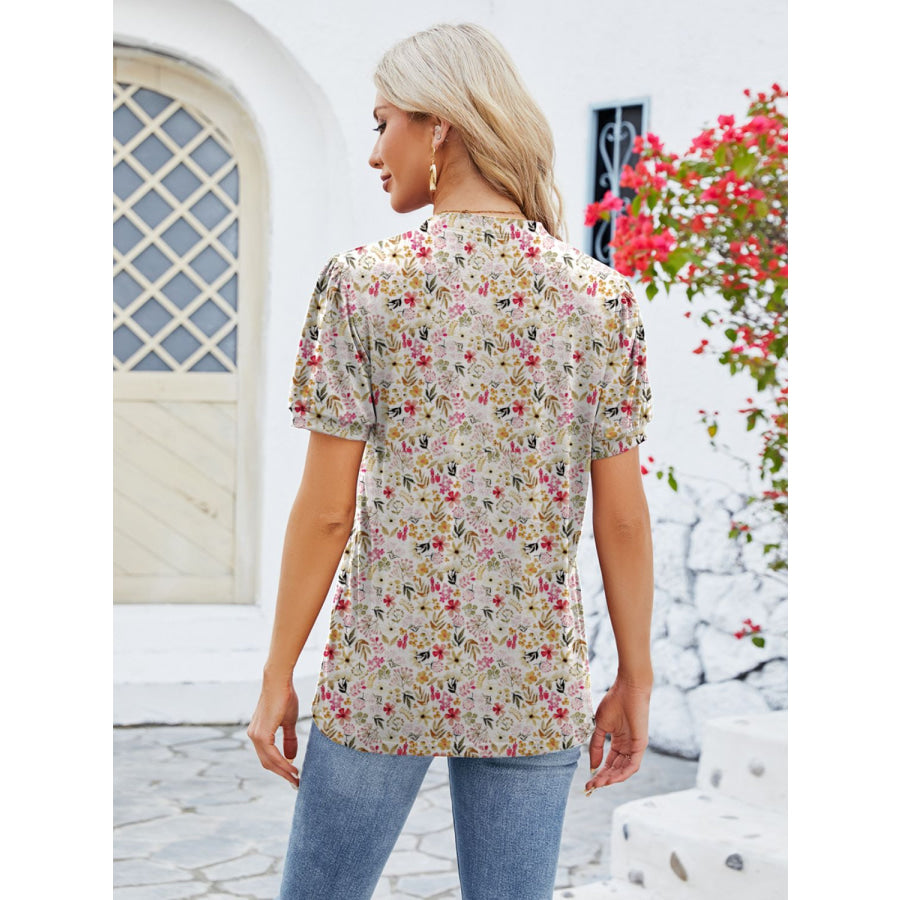 Ruched Printed Notched Short Sleeve Blouse Apparel and Accessories