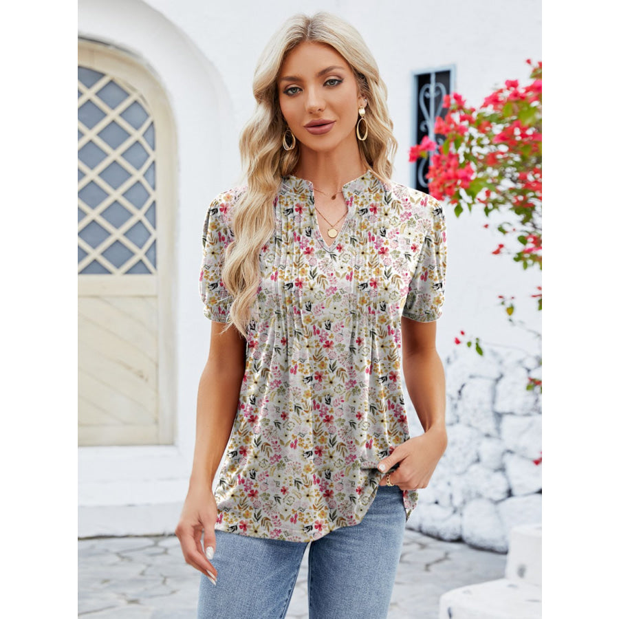 Ruched Printed Notched Short Sleeve Blouse Apparel and Accessories