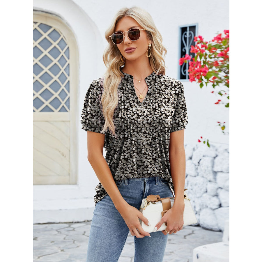 Ruched Printed Notched Short Sleeve Blouse Apparel and Accessories