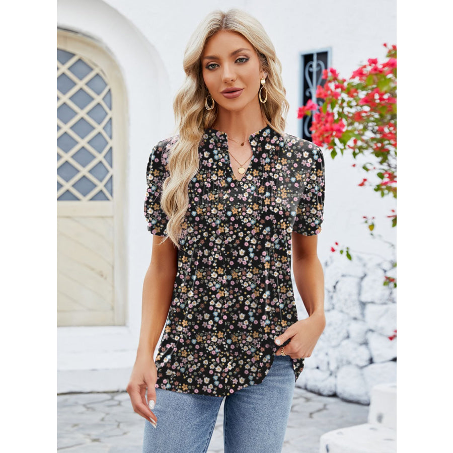 Ruched Printed Notched Short Sleeve Blouse Apparel and Accessories