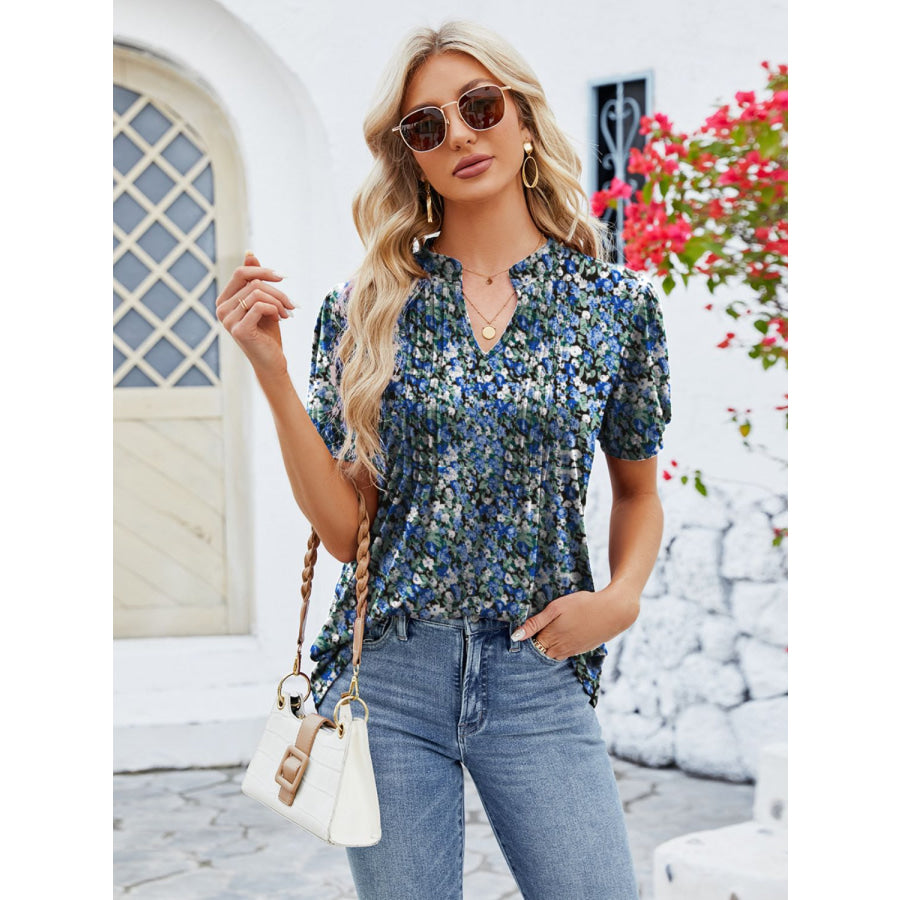 Ruched Printed Notched Short Sleeve Blouse Apparel and Accessories