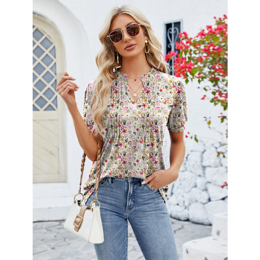 Ruched Printed Notched Short Sleeve Blouse Apparel and Accessories