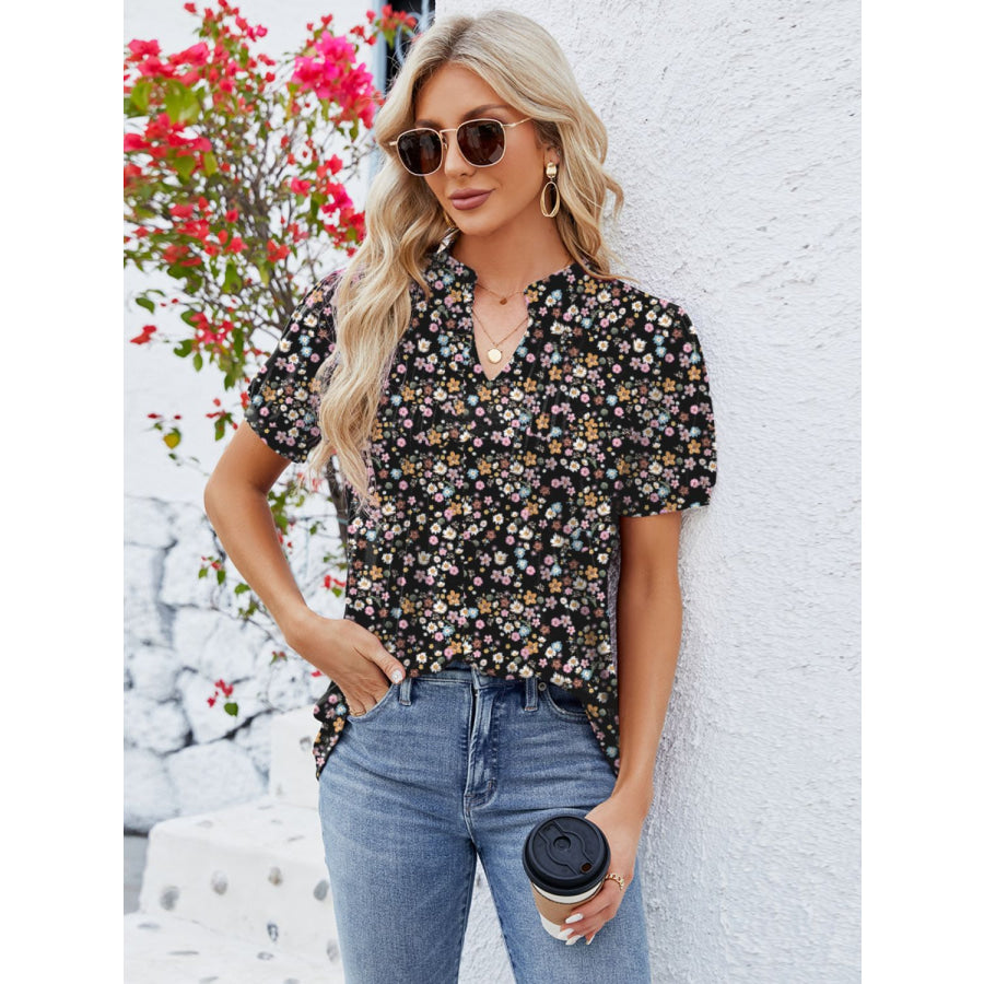 Ruched Printed Notched Short Sleeve Blouse Floral / S Apparel and Accessories