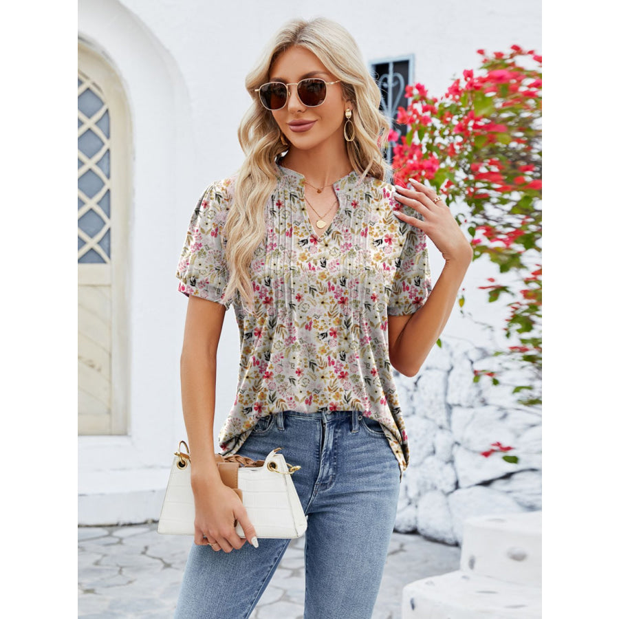 Ruched Printed Notched Short Sleeve Blouse Multicolor / S Apparel and Accessories