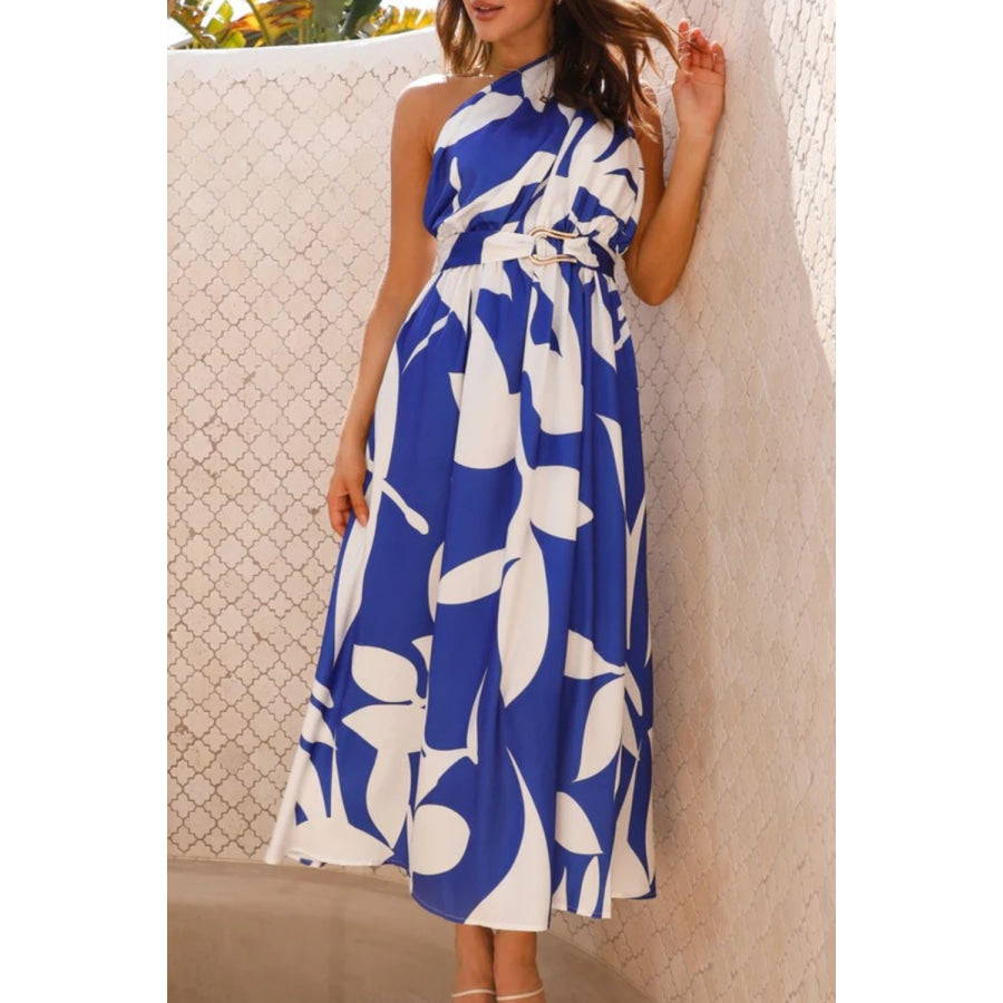 Ruched Printed Single Shoulder Dress Blue / S Apparel and Accessories