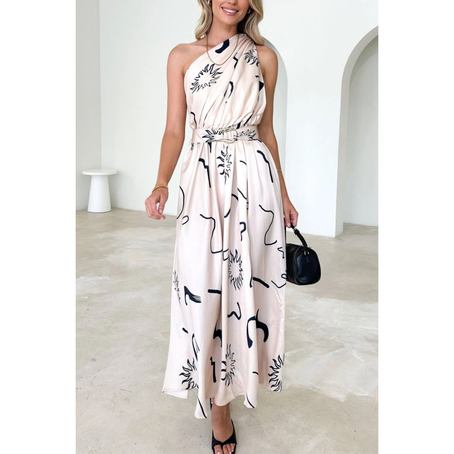 Ruched Printed Single Shoulder Dress Eggshell / S Apparel and Accessories