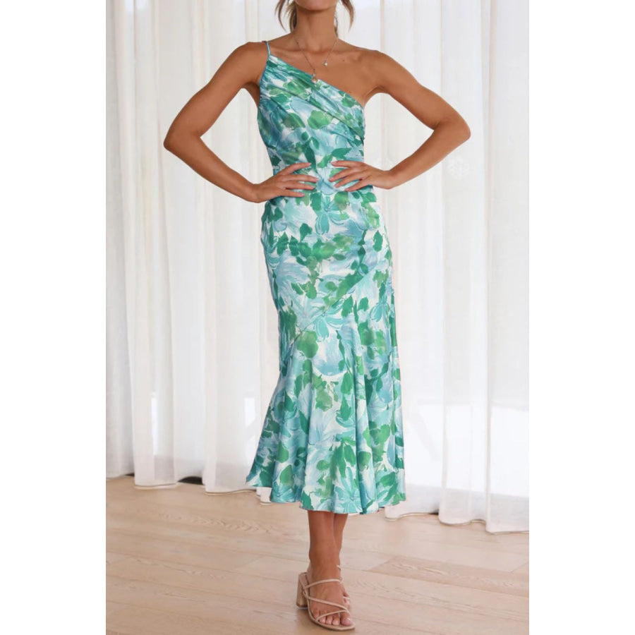 Ruched Printed Single Shoulder Midi Dress Teal / S Apparel and Accessories