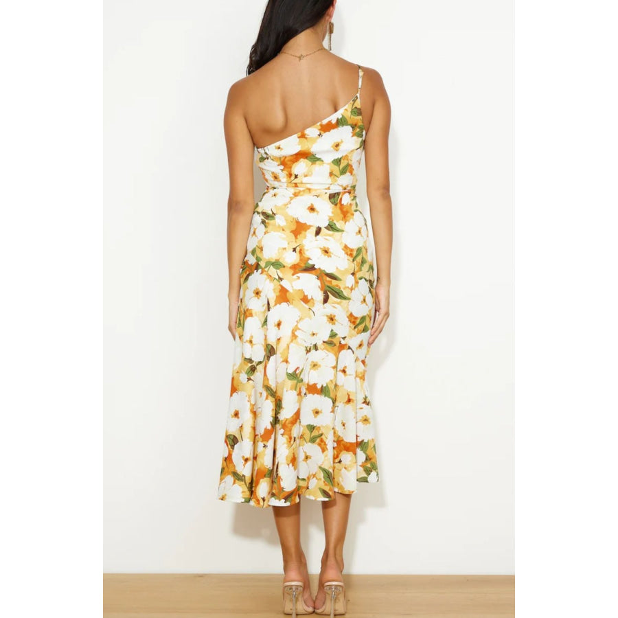 Ruched Printed Single Shoulder Midi Dress Apparel and Accessories