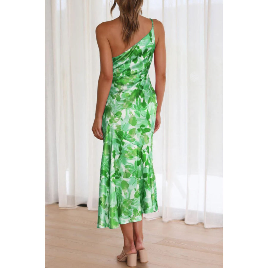 Ruched Printed Single Shoulder Midi Dress Apparel and Accessories