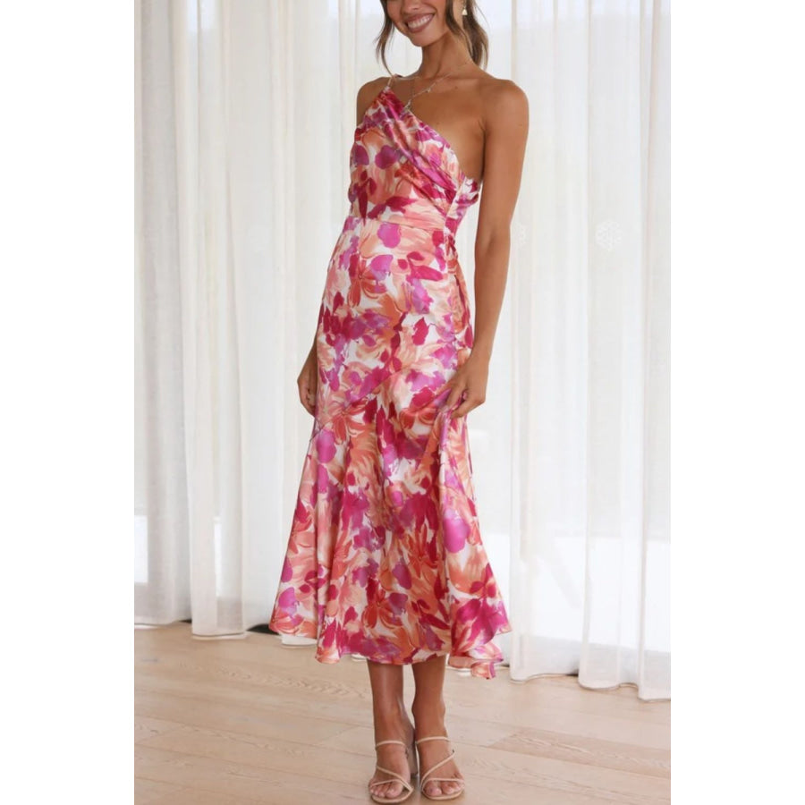 Ruched Printed Single Shoulder Midi Dress Apparel and Accessories