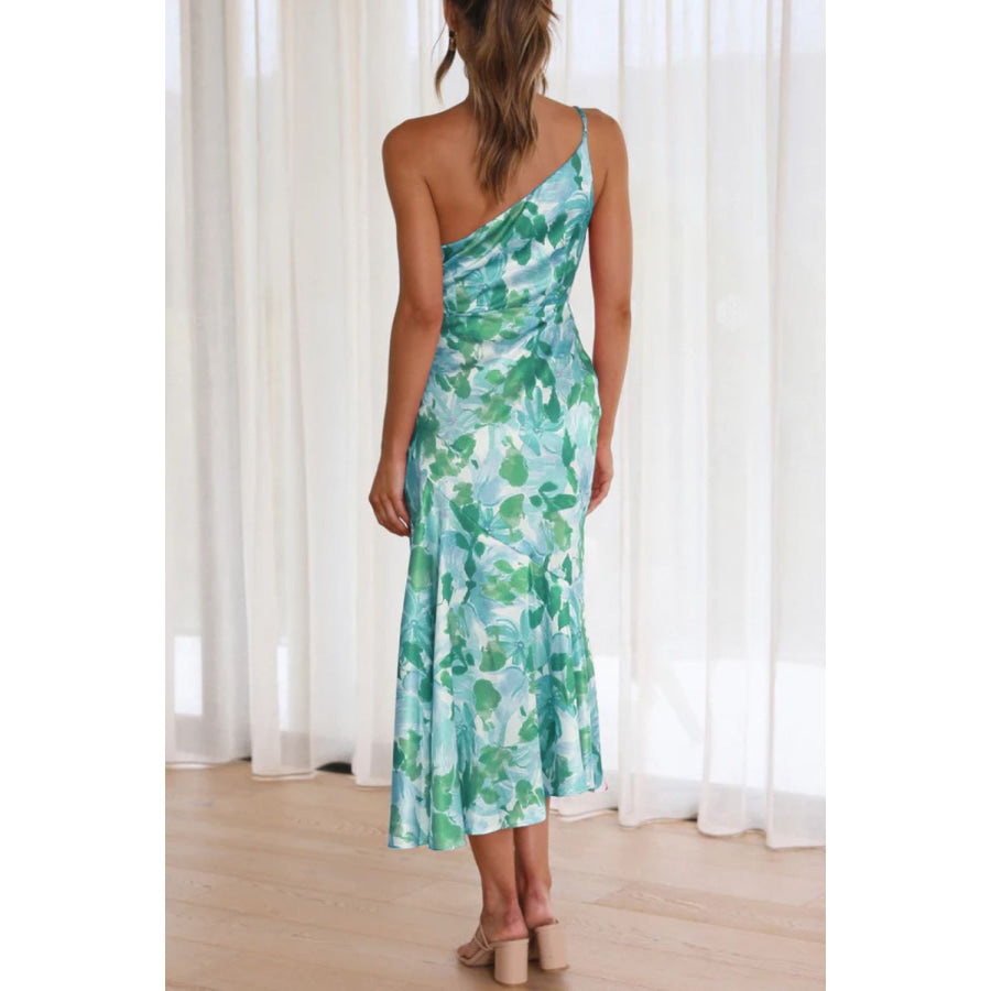 Ruched Printed Single Shoulder Midi Dress Apparel and Accessories