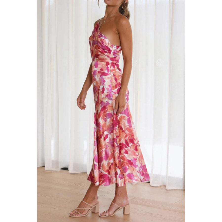 Ruched Printed Single Shoulder Midi Dress Apparel and Accessories