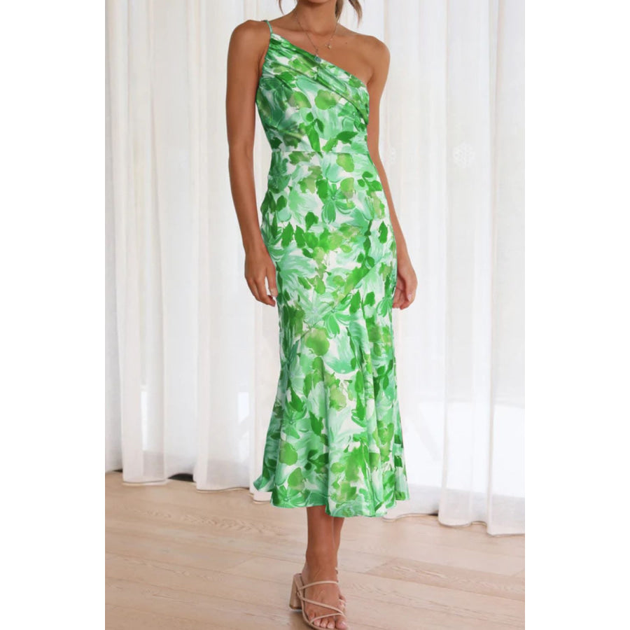 Ruched Printed Single Shoulder Midi Dress Apparel and Accessories