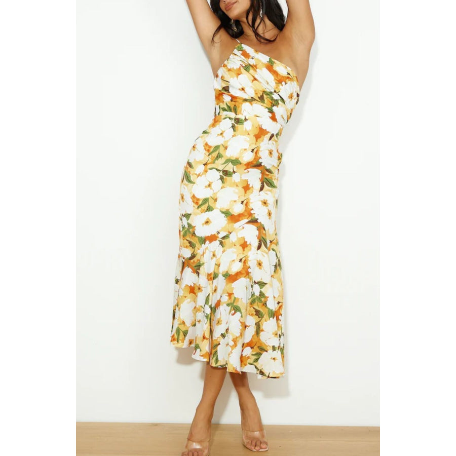 Ruched Printed Single Shoulder Midi Dress Apparel and Accessories